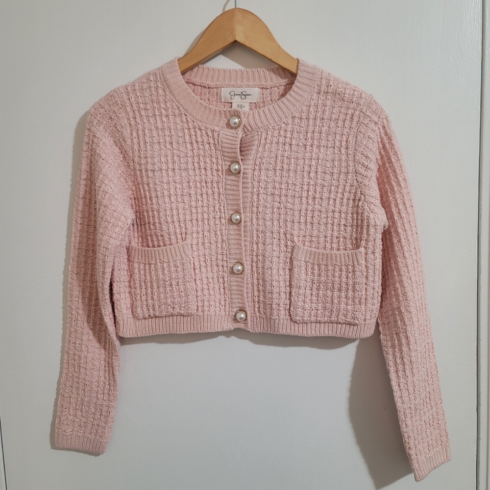 Jessica Simpson Pink Textured Knit Pearl Button Cropped Cardigan Sweater Jacket